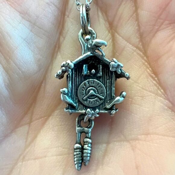 ⚜️ New Silver chain necklace w cuckoo clock, dangle pendant S17 - Picture 1 of 3